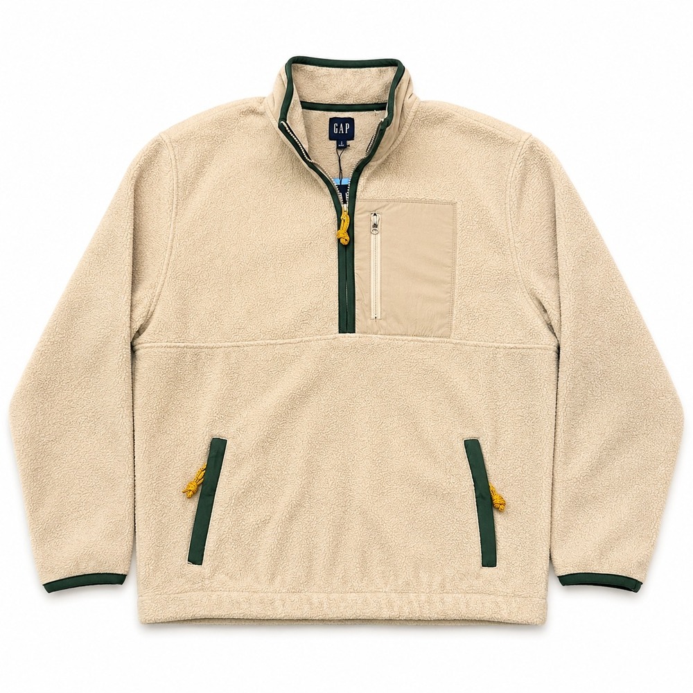 GAP Fleece Half Zip Pullover Jacket Mens Large Cream Sherpa Zip Pockets NWT